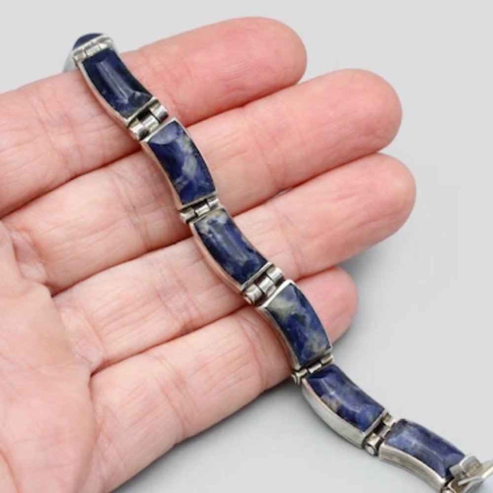 Vintage Taxco Mexico blue sodalite sterling silver bracelet 71/4”